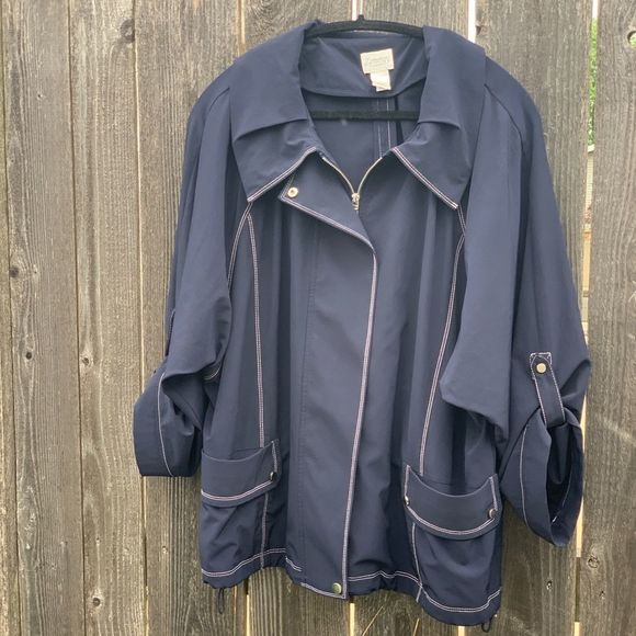 Navy blue & white chain stitch sailor style oversized crop sleeve summer jacket - Picture 10 of 12